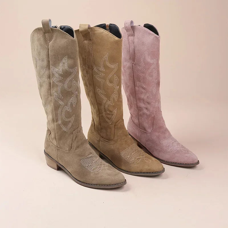 Botas Cowboy Mujer de Ante con Detalles Bordados
