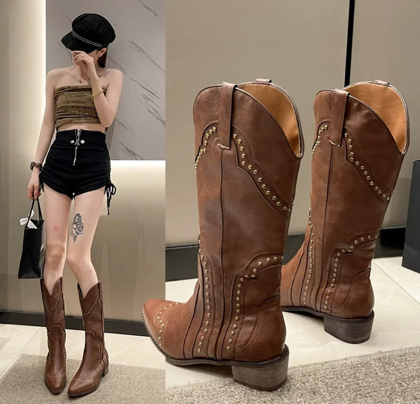 Botas Vaqueras Estilo Cowboy Tacón Bajo Media Caña
