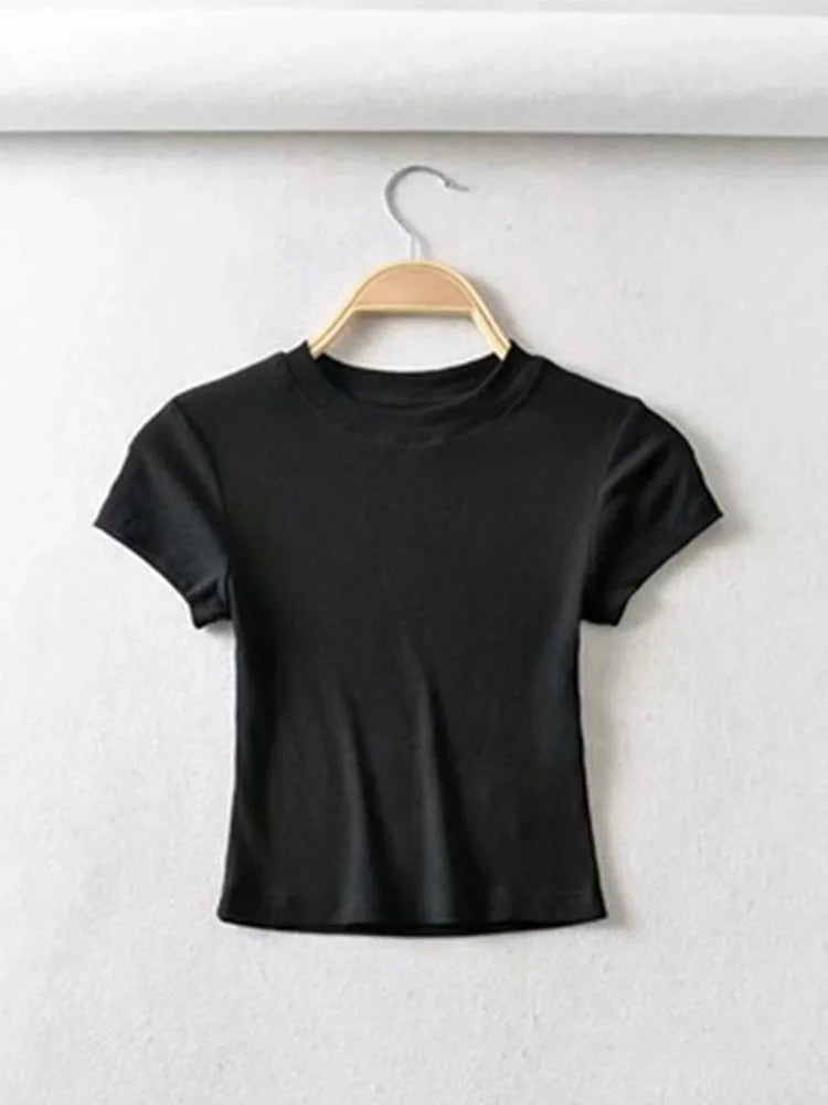 Camiseta Crop Mujer Slim Fit Manga Corta Cuello Redondo
