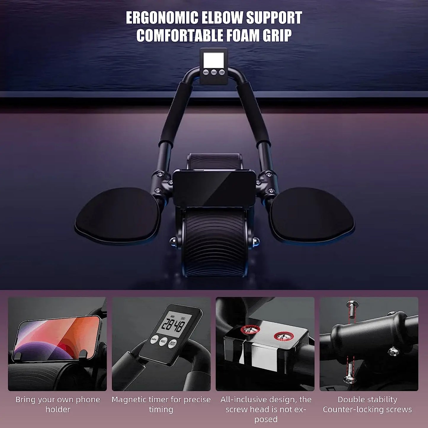 Rueda Abdominal con Display y Soportes para Codos y Teléfono Móvil