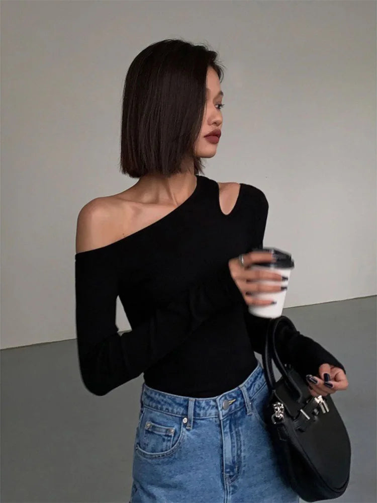Crop Top Mujer Hombros Descubiertos Manga Larga Slim Fit
