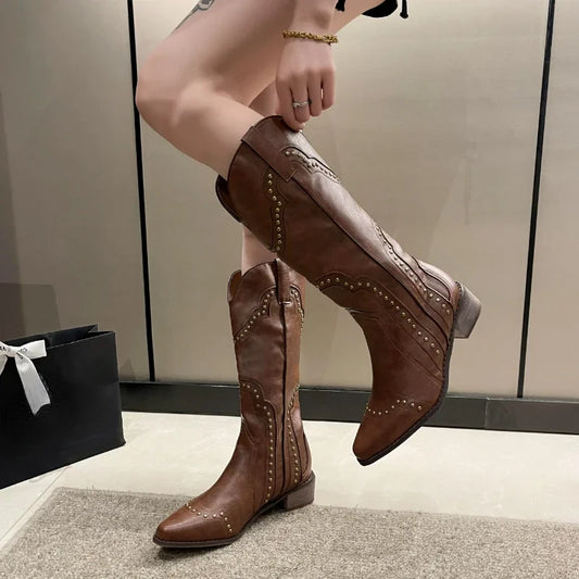 Botas Vaqueras Estilo Cowboy Tacón Bajo Media Caña