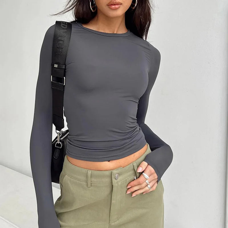 Camiseta Mujer Manga Larga Slim Fit Cuello Redondo