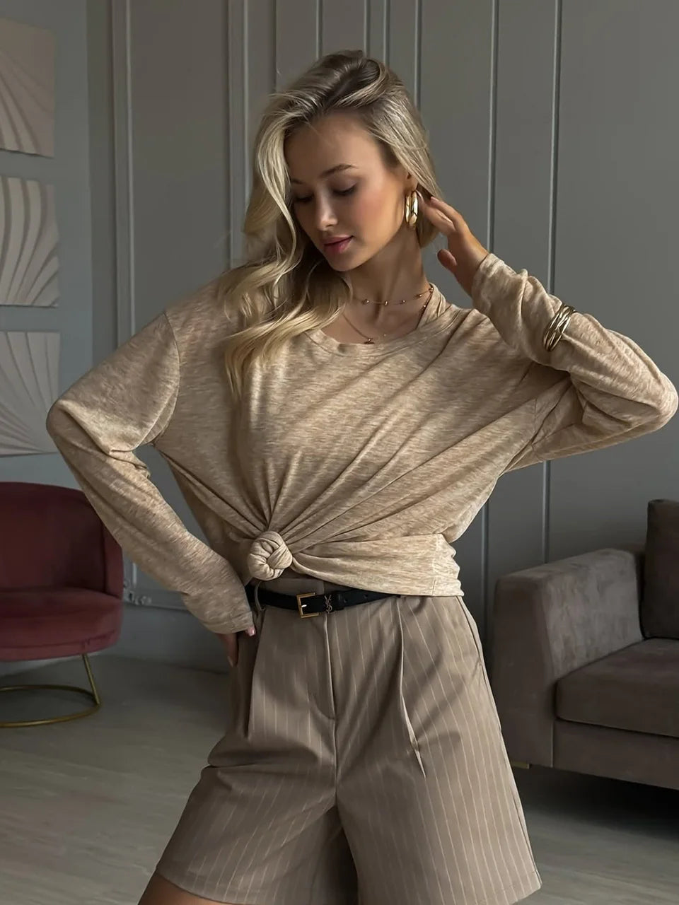 Conjunto Mujer Casual Top Manga Larga y Pantalón Fluido