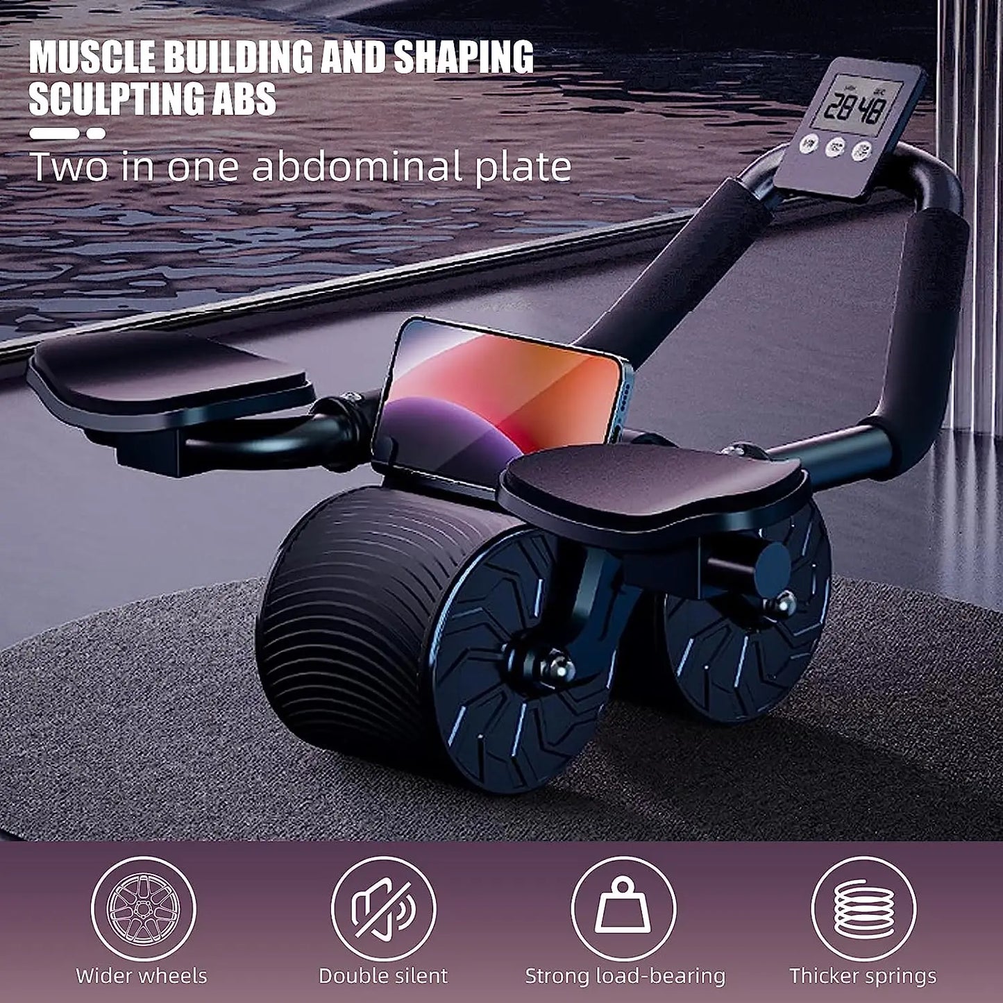 Rueda Abdominal con Display y Soportes para Codos y Teléfono Móvil