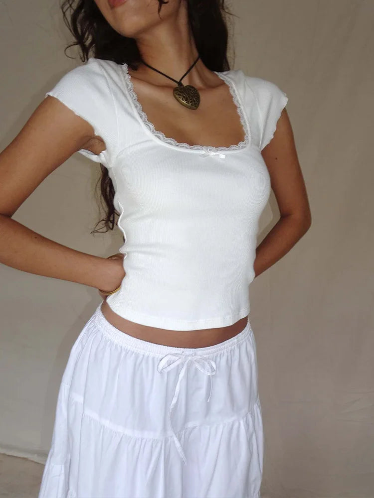Camiseta Crop Mujer Encaje Cuello Cuadrado Estilo Y2K
