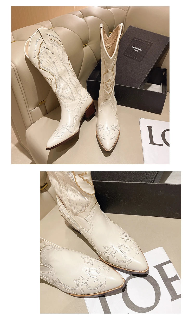 Botas de Mujer Estilo Cowboy Bordadas de Caña Alta