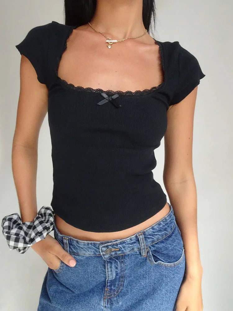 Camiseta Crop Mujer Encaje Cuello Cuadrado Estilo Y2K