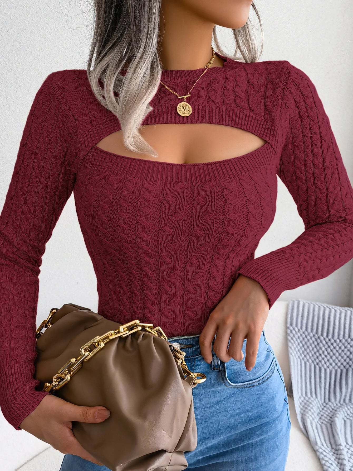 Jersey de Punto para Mujer con Abertura Delantera y Manga Larga
