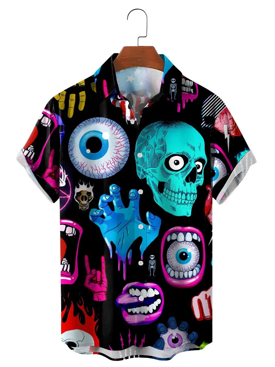Camisa de Moda de Manga Corta para Hombre con Estampado Floral de Calaveras Mexicanas