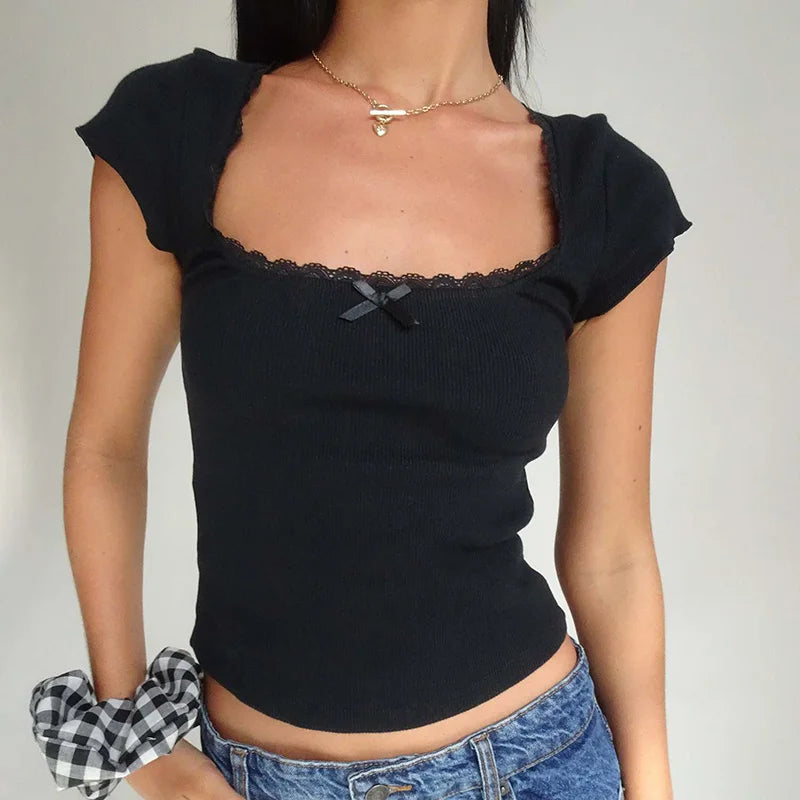 Camiseta Crop Mujer Encaje Cuello Cuadrado Estilo Y2K