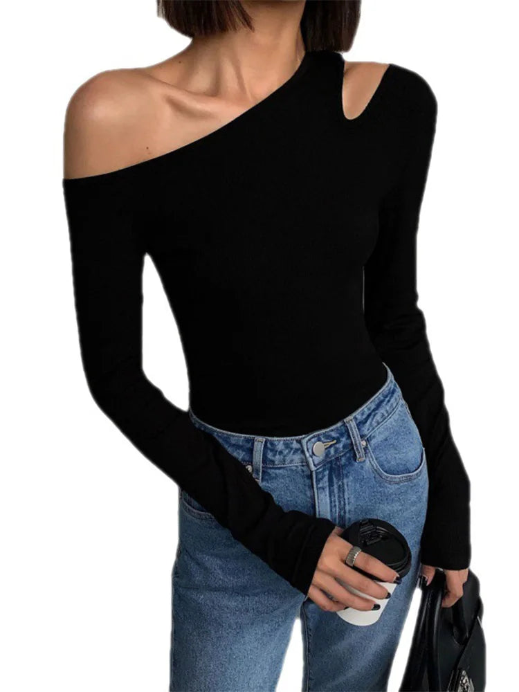 Crop Top Mujer Hombros Descubiertos Manga Larga Slim Fit