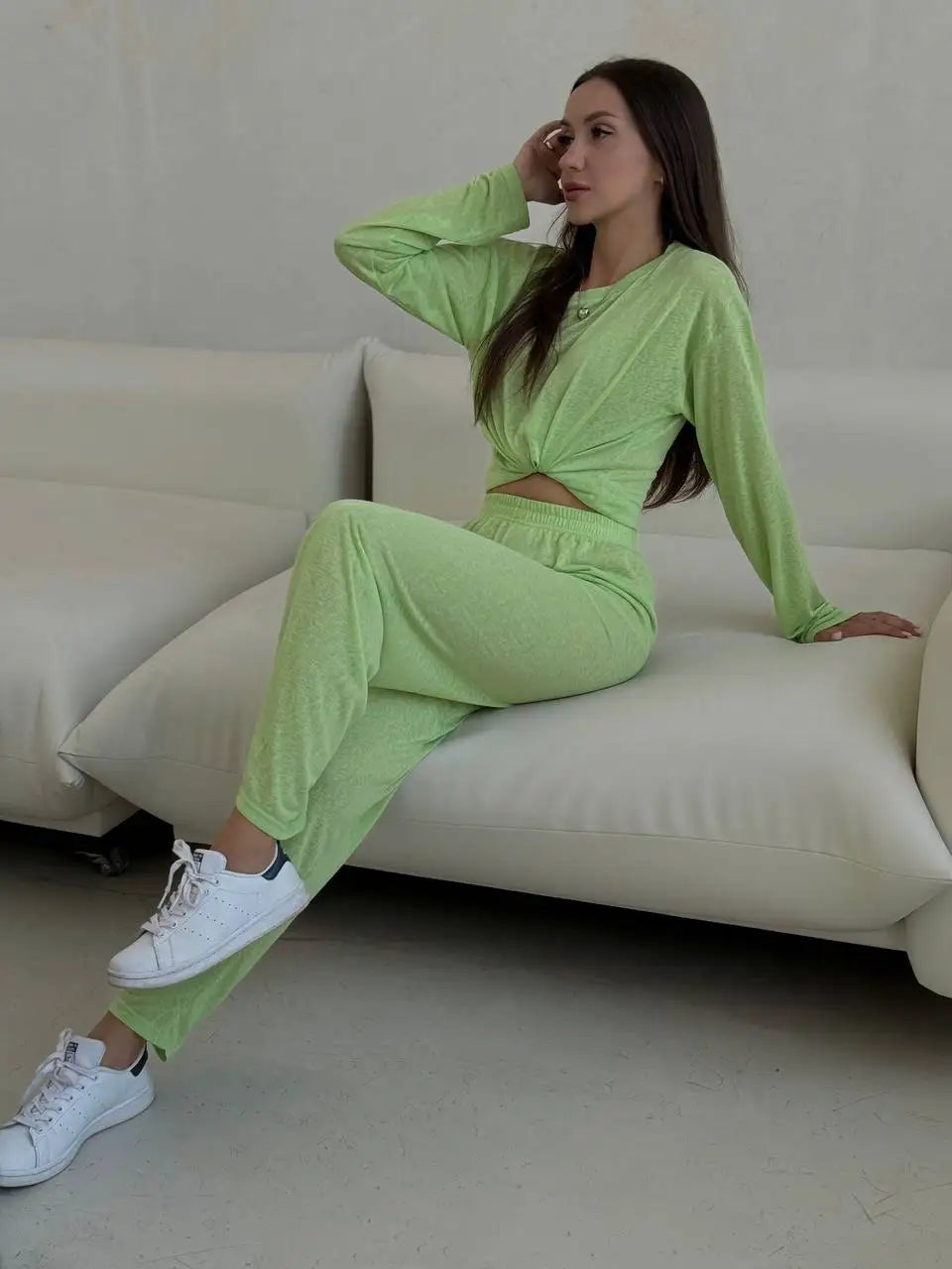 Conjunto Mujer Casual Top Manga Larga y Pantalón Fluido