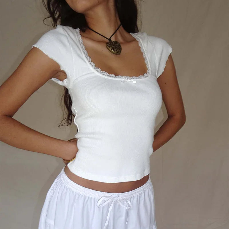 Camiseta Crop Mujer Encaje Cuello Cuadrado Estilo Y2K