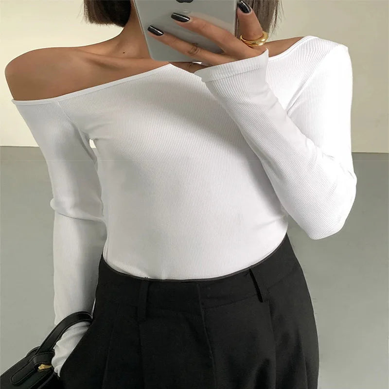 Crop Top Mujer Hombros Descubiertos Manga Larga Slim Fit
