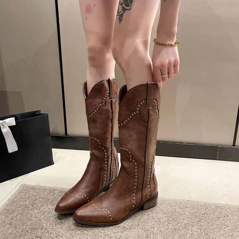 Botas Vaqueras Estilo Cowboy Tacón Bajo Media Caña