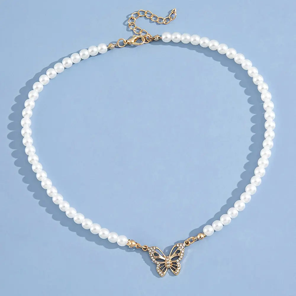 Rhinestone Butterfly Pendant Pearl Necklace - High Trend Coture
