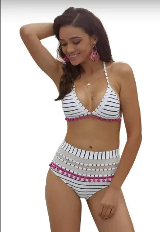 Bikini con Pompones de Rayas Blancas y Azules - High Trend Coture