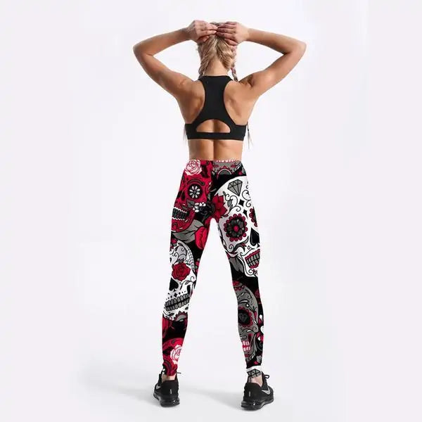 Leggings con Estampado de Calavera Mexicana Roja - High Trend Coture