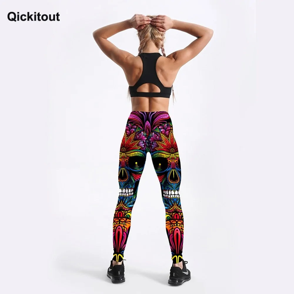 Leggings Push Up con Estampado de Calaveras y Hojas Coloridas - High Trend Coture