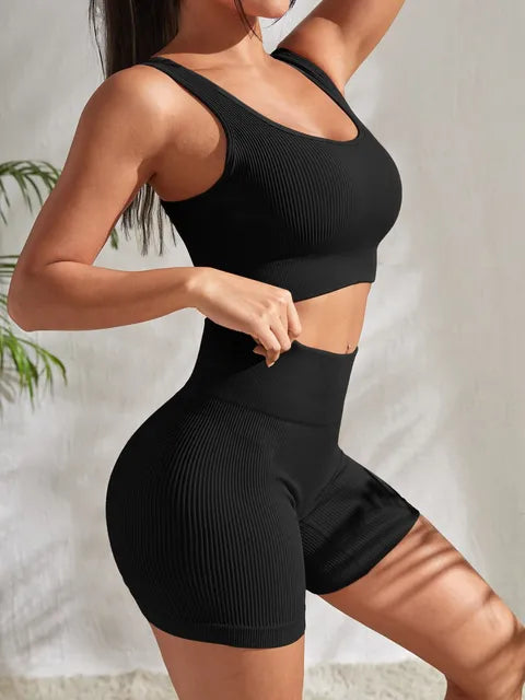 Conjunto de Yoga sin Costuras de Top Deportivo Acanalado + Short - High Trend Coture