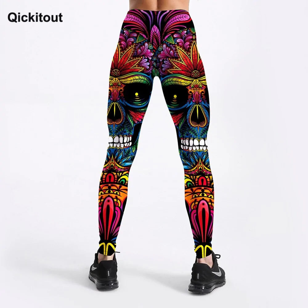 Leggings Push Up con Estampado de Calaveras y Hojas Coloridas - High Trend Coture