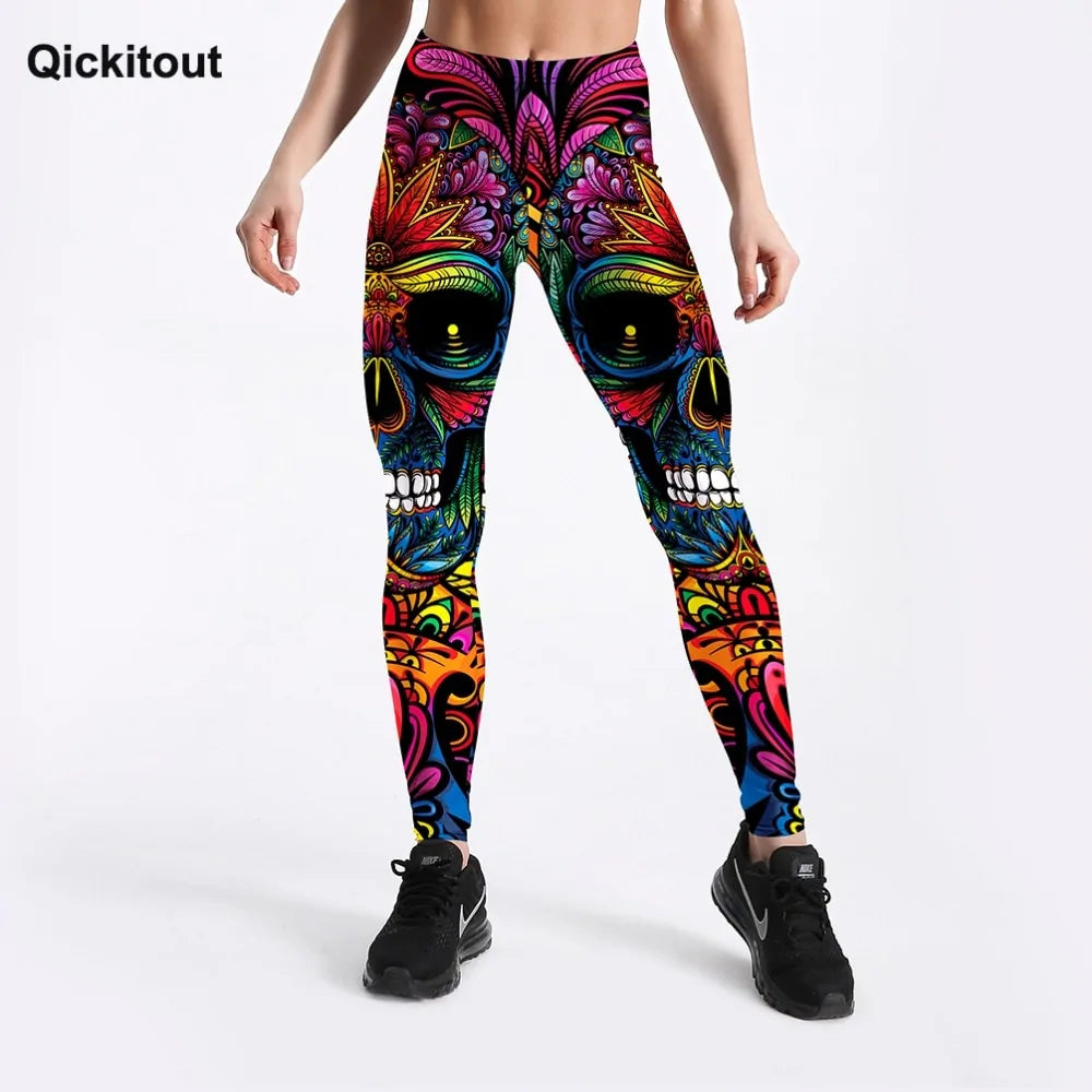 Leggings Push Up con Estampado de Calaveras y Hojas Coloridas - High Trend Coture