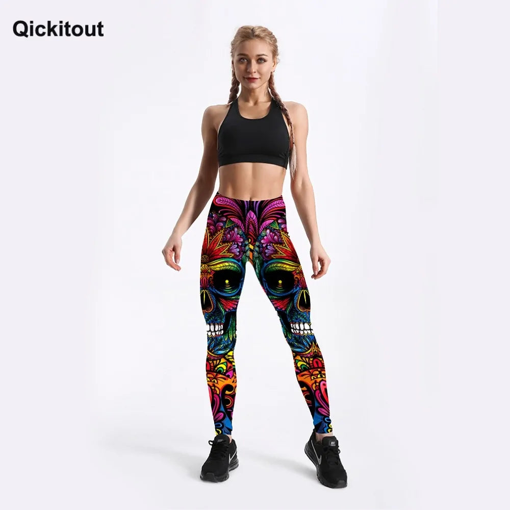 Leggings Push Up con Estampado de Calaveras y Hojas Coloridas - High Trend Coture