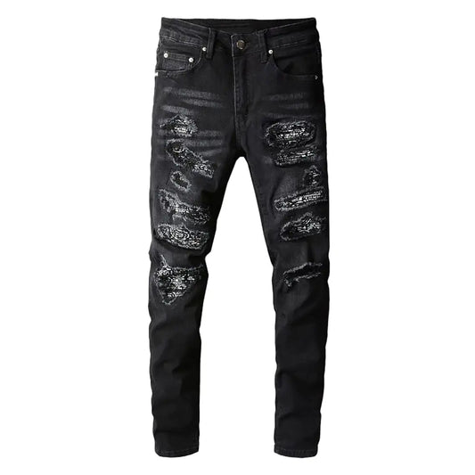 Pantalon vaquero negro rasgado con detalles de cachemira - High Trend Coture