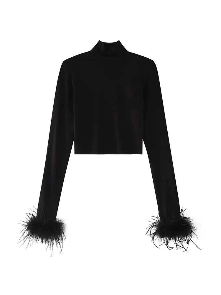 Top Corto de Cuello Alto con Plumas - High Trend Coture