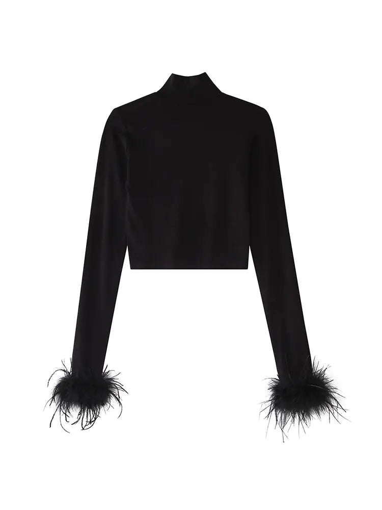 Top Corto de Cuello Alto con Plumas - High Trend Coture