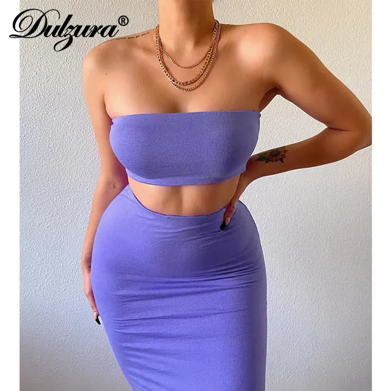Conjunto de dos Piezas Crop Top y Falda Midi de Tubo